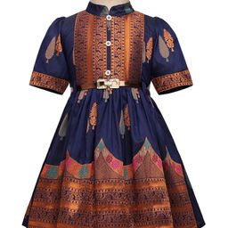 Enfance Half Puffed Sleeves Banarasi Printed Pattu Pavadai Dress - Navy Blue-image-82