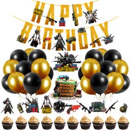 ZYOZI Pubg Theme Birthday Decoration Combo Banner, Balloons, Cake and CupCake Topper Yellow Black - Pack of 37-picture-47