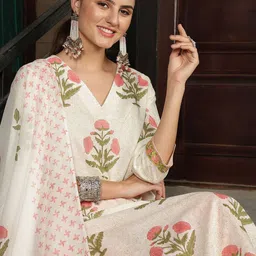 Taavi Floral Printed V-Neck Pure Cotton Straight Kurta With Trousers & Dupatta-picture-45