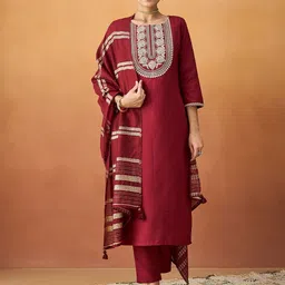 KALINI Ethnic Motifs Embroidered Straight Kurta With Trousers & Dupatta-16