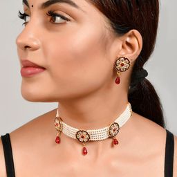 Silvermerc Designs Gold-Plated Pearls Beaded Choker Necklace Set-image-16