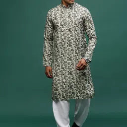 Sangria Green Floral Printed Mandarin Collar Straight Cotton Kurta With Salwar-32
