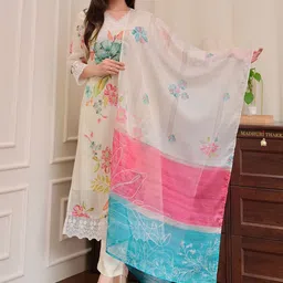 NIZA FASHION Floral Printed V Neck Thread Work Pure Silk Kurta With Trousers & Dupatta-picture-10