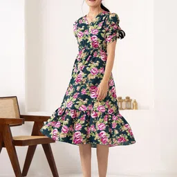 AASK Floral Printed Puff Sleeve Fit & Flare Dress-image-49