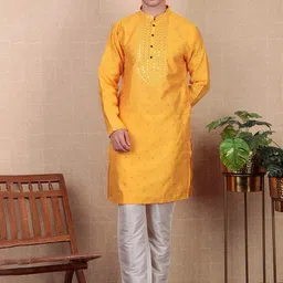 Koshin Floral Woven Design Long Sleeves Mirror Work Jacquard Art Silk Straight Kurta-51