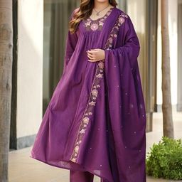 Moda Rapido Floral Embroidered Thread Work V-Neck Anarkali Kurta With Trousers & Dupatta-image-40