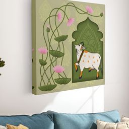 Myntra Elegant Homes Green & White Pichwai Cow Canvas Wall Art-picture-47