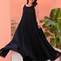Bunaai Women Black sleeveless Flared Dress-image-13