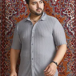 Instafab Plus Vertical Striped Textured Comfort Spread Collar Cotton Shirt-image-63