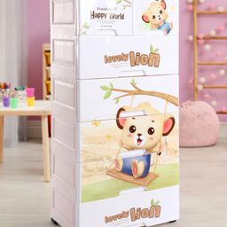 Babyhug 6 Layers High Density Plastic Storage Cabinate Teddy Print With Wheels - White Cream-14