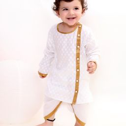 Little Bansi Royal Bengali Style Full Sleeves Embroidery Kurta With Dhoti - White-image-17