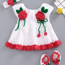USHA ENTERPRISES Sleeveless Flower Knit Detailing Dress With Headband & Booties - White-image-85