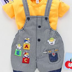 Dapper Dudes Half Sleeves Tee With Striped & Teddy Patch Dungaree - Yellow-image-36