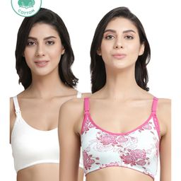 Inner Sense Pack Of 2 Organic Cotton Antimicrobial Rose Printed & Solid Colour Nursing Bra - Pink & White-picture-37