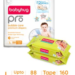 Babyhug Pro Bubble care premium Tape Style Diaper Large - 88 Pieces & Babyhug Premium 98% Water Baby Wet Wipes - 80 Pieces -(Pack of 2)-image-72