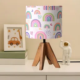Kuber Industries White & Blue Rainbow Printed Wooden Cylindrical Shaped Table Lamp-image-57