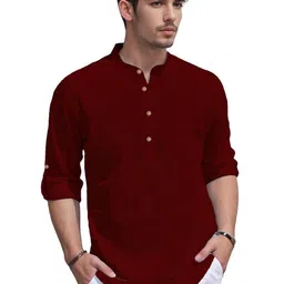 APEKTRA Band Collar Roll-Up Sleeves Slim Fit Short Kurta-image-44