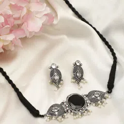 VIVAZS Stone Studded & Beaded Oxidized Jewellery Set-image-5