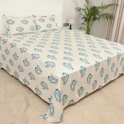 Jaipur Weaves Teal & Beige Floral King Bedsheet with 2 Pillow Covers-image-89