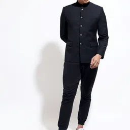 VIVEK KARUNAKARAN Slim-Fit Mandarin Collar Classic Bandhgala Velvet Party Blazer-image-12