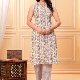 KALINI Floral Printed Mandarin Collar Pure Cotton Straight Kurta With Trousers-image-22