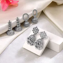 Yellow Chimes Set Of 3 Silver-Plated Dome Shaped Oxidised Jhumkas Earrings-33