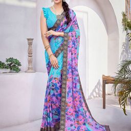 Lookmark Floral Printed Jacquard Lace Pure Georgette Saree-image-23