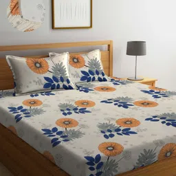 Aura Cream-Coloured & Blue Floral Printed 300 TC King Fitted Bedsheet Set 2.50 m x 2.15 m-image-93