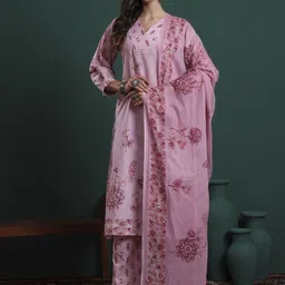 Yufta Women Floral Embroidered Regular Pure Cotton Kurta with Trousers & Dupatta-image-45