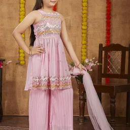 Sangria Girls Geometric Embroidered Sequinned Georgette Kurta With Sharara & Dupatta-picture-11