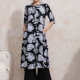 Moara Floral Printed Mandarin Collar Rolled-Up Sleeves A-Line Kurta-image-33