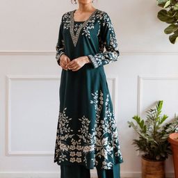 AUTUMN LANE Ethnic Motifs Embroidered Sequinned Pure Cotton A-Line Kurta With Palazzos-2