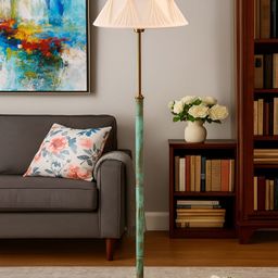 Devansh Off White & Green Textured Wooden & Cotton Frustum Shaped Floor Lamp-picture-8