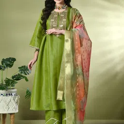 Sangria Embroidered Regular Pure Silk Kurta with Palazzos & With Dupatta-picture-24