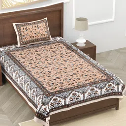EasyGoods White & Peach-Coloured Floral 210 TC Single Bedsheet with 1 Pillow Covers-picture-55