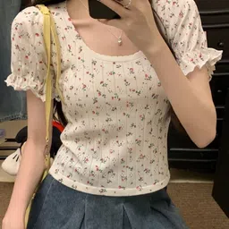 KPOP Women Floral Printed Round Neck Puff Sleeves Top-image-46