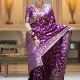 ZILVIRA Ethnic Motifs Zari Silk Blend Designer Banarasi Saree-image-18