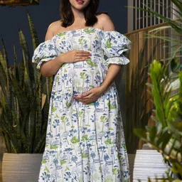 Block Hop Tropical Print Off-Shoulder Puff Sleeve Organic Cotton Maternity A-Line Midi Dress-15