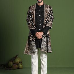 KALPRAAG Men Ethnic Motifs Embroidered Regular Sequinned Kurta with Trousers & With Dupatta-7