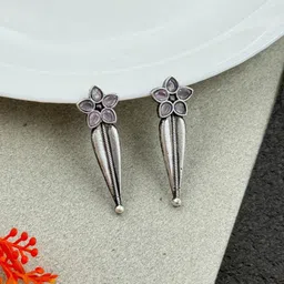 NAMAN ARTS Silver-Plated Stones Studded & Beaded Floral Shaped Oxidised Drop Earrings-image-97