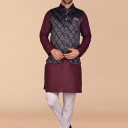 PRINTINDIA Mandarin Collar Pure Cotton Kurta With Trousers & Nehru jacket-image-89