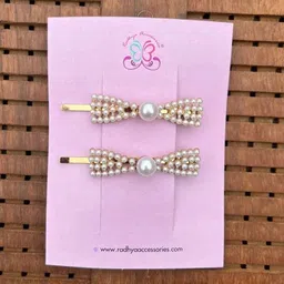 Radhya Accessories Women White Set of 2 Beaded Bobby Pins Bow Hair Clips-35
