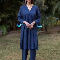INAAYA JAIPUR Embroidered Pure Cotton V-Neck Tunic With Trousers-image-56