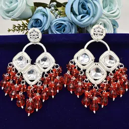 MEIRA JEWELLERY Silver-Plated Artificial Stones Studded & Beaded Geometric Drop Earrings-picture-2