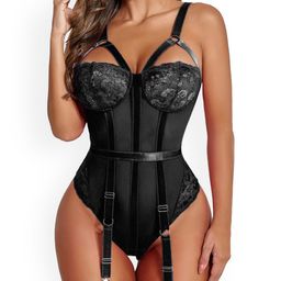 VAGHBHATT Teddy Lingerie with Garter Belt One Piece Lingerie Naughty Strappy Lace Babydoll-picture-47