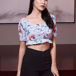 OOMPH! FACTOR Women Floral Print Puff Sleeve Ruffles Blouson Crop Top-image-89