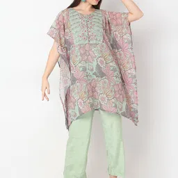 Ethnicity Floral Printed Thread Work Kaftan Kurta with Trousers and Camisole-16