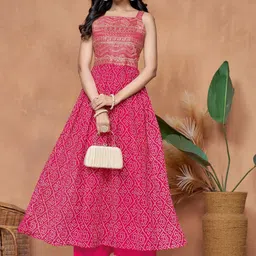 KALINI Bandhani Printed Zari Work Square Neck Georgette Anarkali Kurta-0