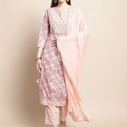 BANDIA Floral Printed Notch Neck Sequinned Pure Cotton Kurta with Trousers & Dupatta-picture-25