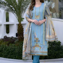 PEENGAX Floral Embroidered Round Neck Sequinned Kurta With Trousers & Dupatta-image-15